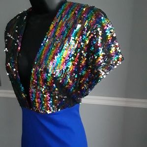 NWOT Multi Color Sequin Plunge Front Mini Dress